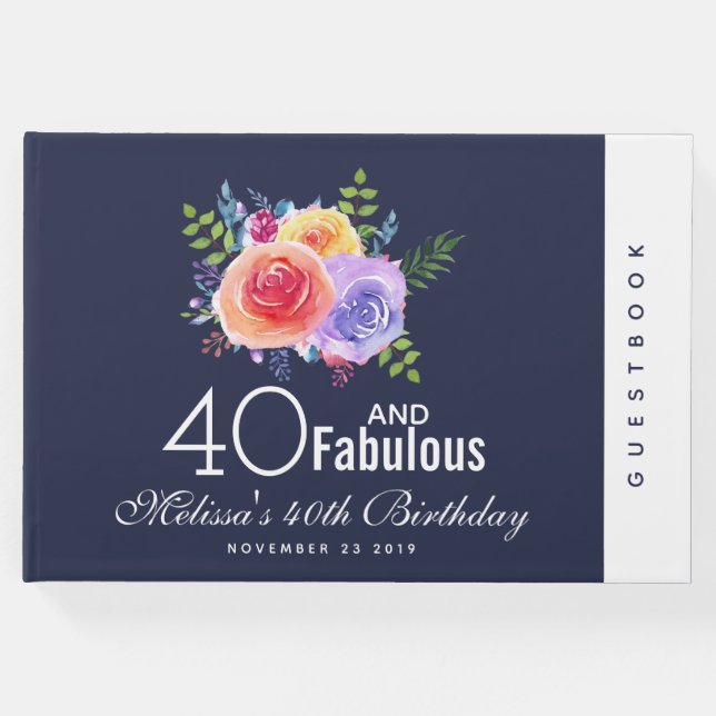 Libro De Visitas 40 y fabuloso - Cumpleaños acuarela Floral (Anverso)