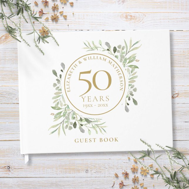 Libro De Visitas 50.º Aniversario Boda Agua verde de oro (50th Wedding Anniversary Gold Greenery Watercolor Guest Book)