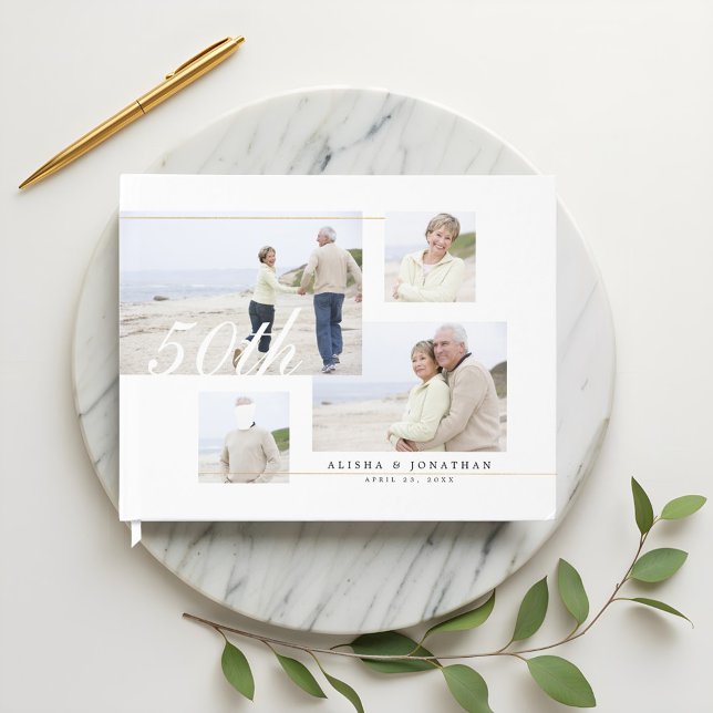 Libro De Visitas 50.º Aniversario Boda Moderno Cuatro Collages de f (50TH Wedding Anniversary Modern Four Photo Collage Guest Book)