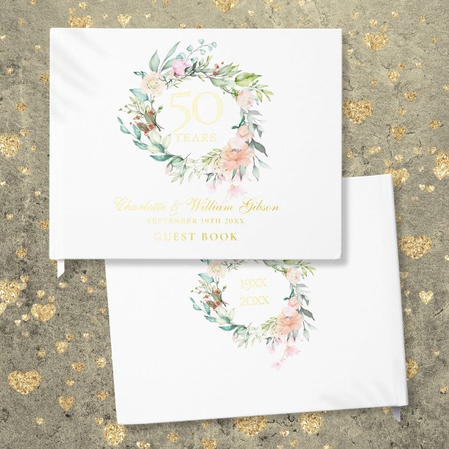 Libro De Visitas 50.º Aniversario de la Boda Floral Garland (50th Wedding Anniversary Floral Garland Foil Guest Book)