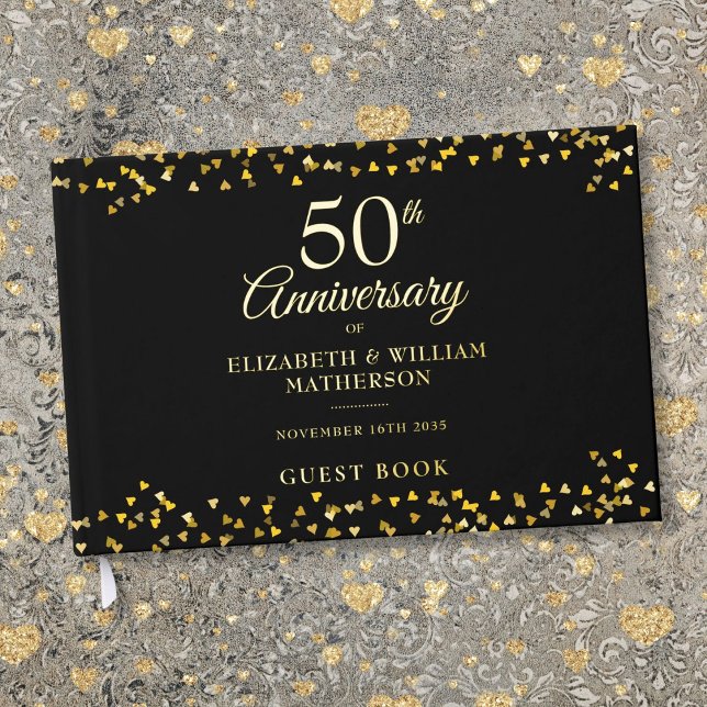 Libro De Visitas 50.º Aniversario del Oro Corazones Confetti (50th Wedding Anniversary Gold Hearts Confetti Foil Guest Book)