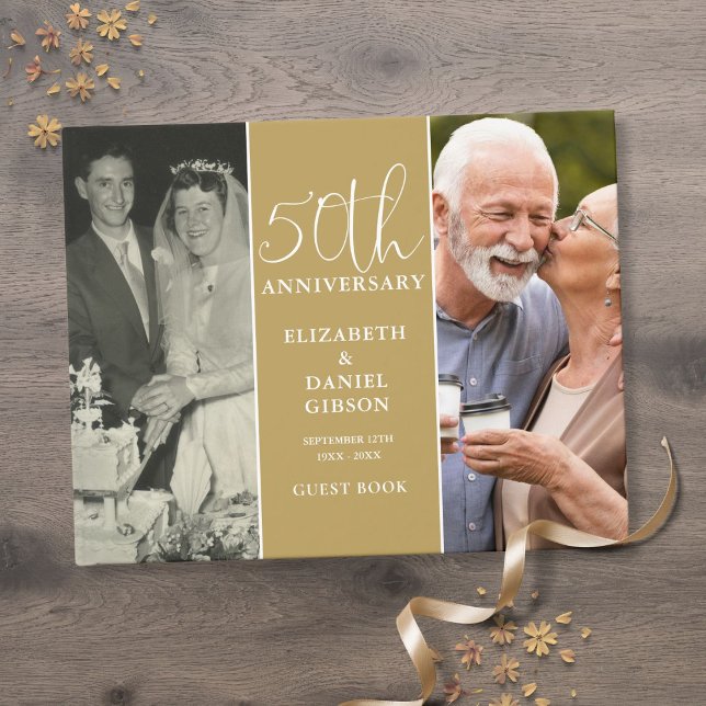 Libro De Visitas 50.º Boda Aniversario de Oro 2 Foto (50th Wedding Golden Anniversary 2 Photo Guest Book)