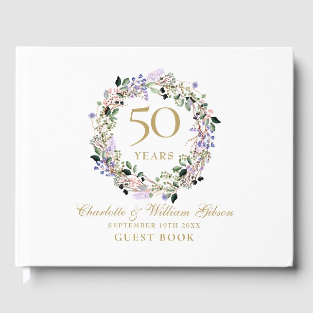 Libro De Visitas 50.º Boda Aniversario de Oro Floral Garland (Anverso)