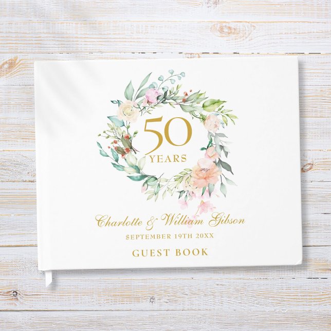 Libro De Visitas 50.º Boda Aniversario de Oro Floral Garland (50th Wedding Golden Anniversary Floral Garland Guest Book)