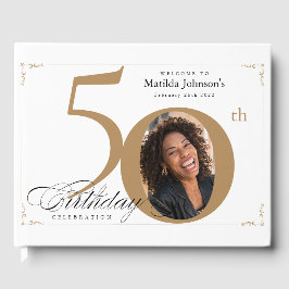 Libro De Visitas 50.º cumpleaños elegante oro blanco caligrafía fot