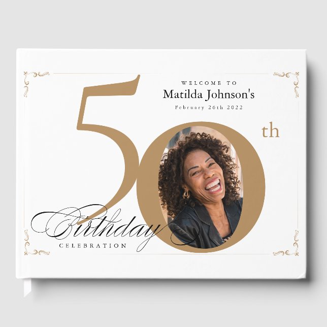 Libro De Visitas 50.º cumpleaños elegante oro blanco caligrafía fot (Anverso)