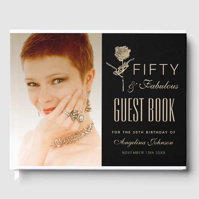 Libro De Visitas 50 y Fabulous Black and Gold 50th Birthday Photo (Anverso)
