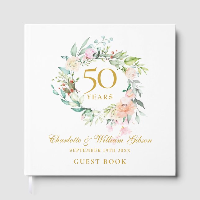 Libro De Visitas 50th Golden Wedding Anniversary Floral Garland (Anverso)