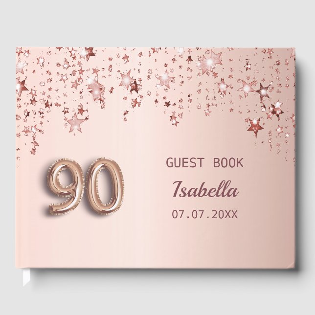 Libro De Visitas 90 cumpleaños estrellas de oro rosa monograma rosa (Anverso)