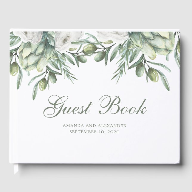 Libro De Visitas Aceitunas acuarelas. Boda italiano con flores de v (Anverso)