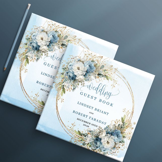 Libro De Visitas Acuarela Azul Claro Floral Dorado Brillo Boho (Watercolor Light Blue Floral Gold Glitter Guest Book

)