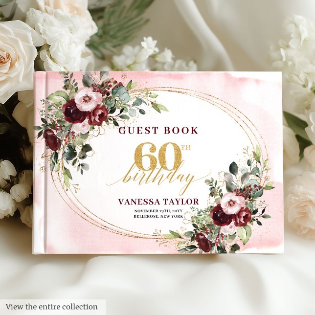 Libro De Visitas Acuarela Boho Burgundy Gold Cumpleaños 60 (Watercolor Boho Burgundy Gold 60th Birthday)