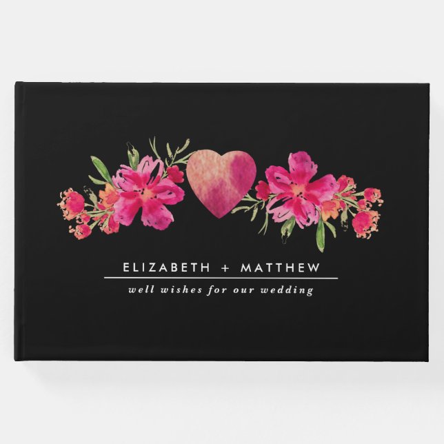 Libro De Visitas Acuarela Fuchsia Floral Black Boda (Anverso)