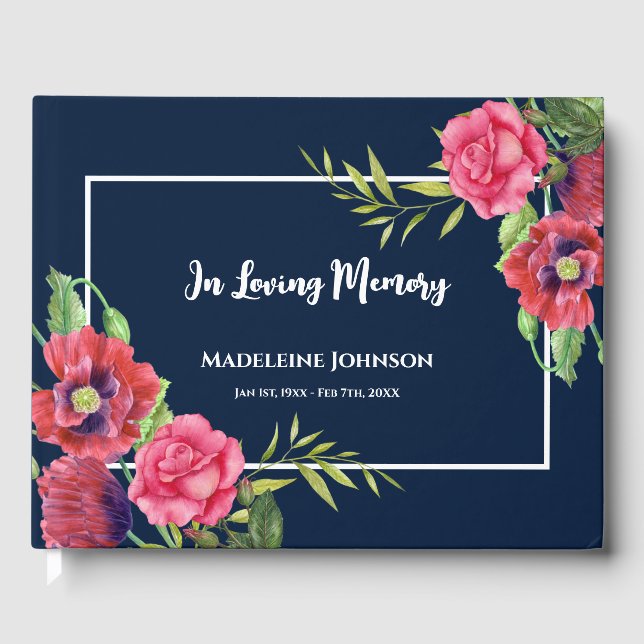 Libro De Visitas Acuarela Funeral Rojo y Flores Rosa Marina Azul (Anverso)