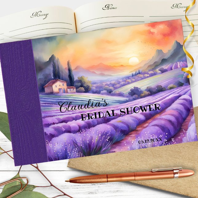 Libro De Visitas Acuarela Lavender Italiano Country Ducha de novias (Guest book featuring a watercolor painting of an Italian/French landscape scene with lavender fields)