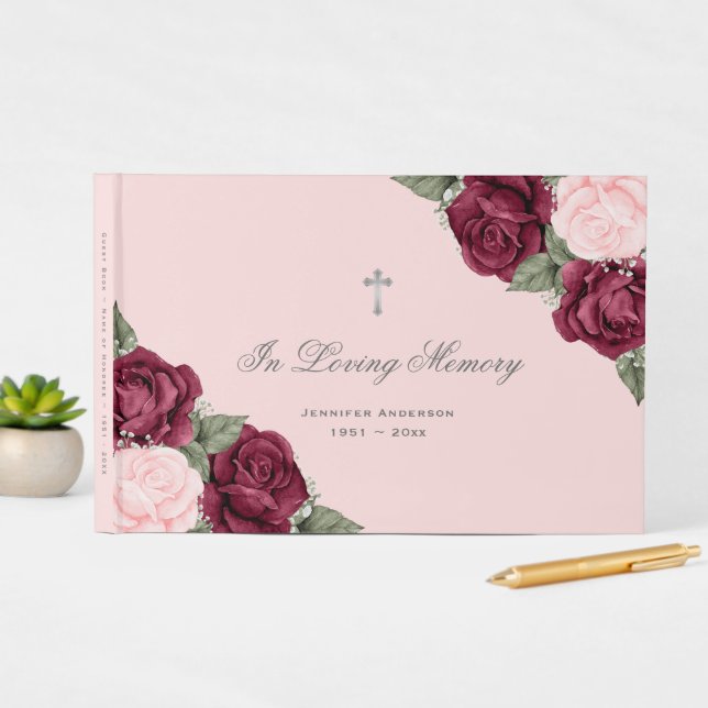 Libro De Visitas Acuarela Memorial Funeral Rojo Rosado (Pantalla in situ)