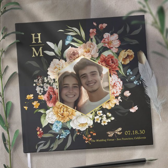 Libro De Visitas Acuarela moderna Pareja floral Foto Boda oro (Modern Watercolor Floral Couple Photo Wedding gold foil guestbook

)