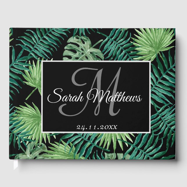 Libro De Visitas Acuarela Palm Tropical Sale Boda Monograma (Anverso)