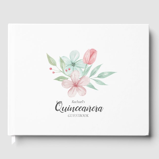 Libro De Visitas Acuarela Pastel Floral Quinceanera Cumpleaños (Anverso)