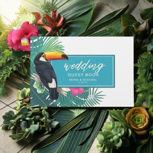 Libro De Visitas Acuarela Tropical con Toucan Boda ID577 Verde azul