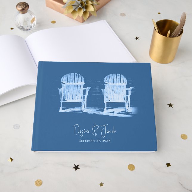 Libro De Visitas Adirondack Beach Chairs Azure Blue White Wedding (Anverso Abierto)