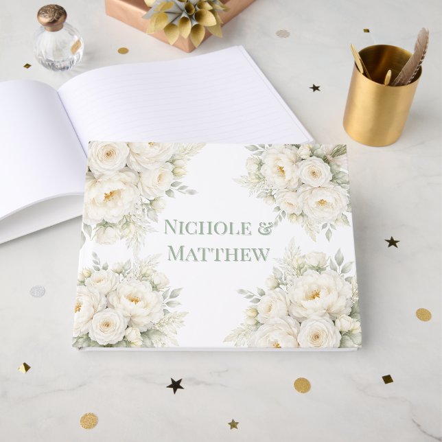 Libro De Visitas All White Floral Wedding (Anverso Abierto)