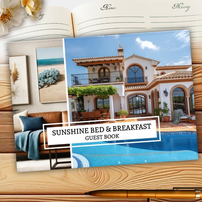 Libro De Visitas Alojamiento y desayuno collage de fotos (Bed and breakfast guest book featuring your custom photos in a photo grid on front and back)