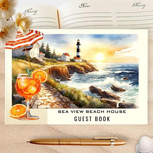 Libro De Visitas Alquiler de vacaciones en el faro de Beach House (Hospitality guest book featuring a watercolor illustration of a coastal scene with lighthouse)