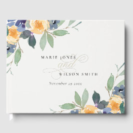 Libro De Visitas Amarillo Azul Floral Acuarela Casamiento Alegre