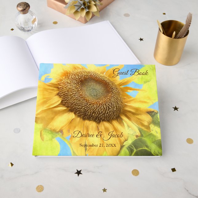 Libro De Visitas Amarillo de girasol País Rústico Boda Acuarela (Anverso Abierto)