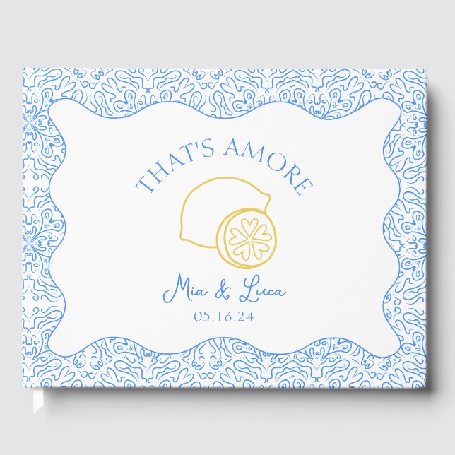 Libro De Visitas Amore Italy Lemons Blue Tiles Boda personalizado (Anverso)