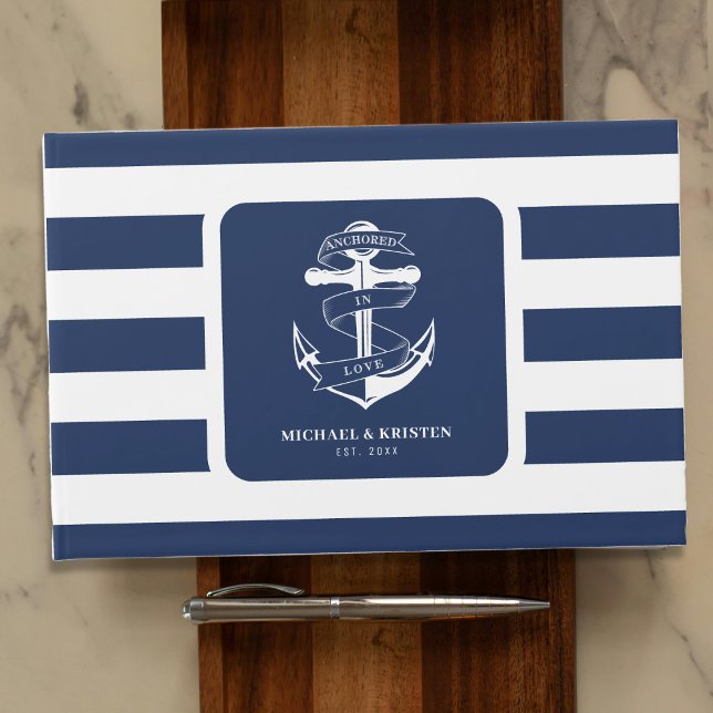 Libro De Visitas Anclado con amor Nautical Blue Anchor Strin (Anchored in Love Nautical Blue Anchor Striped Guest Book
)