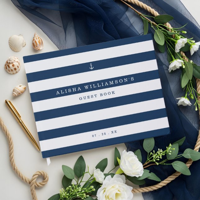 Libro De Visitas Anclaje oceánico de la Marina Náutica y la franja  (Nautical Navy & White Stripe Ocean Anchor Guest Book)