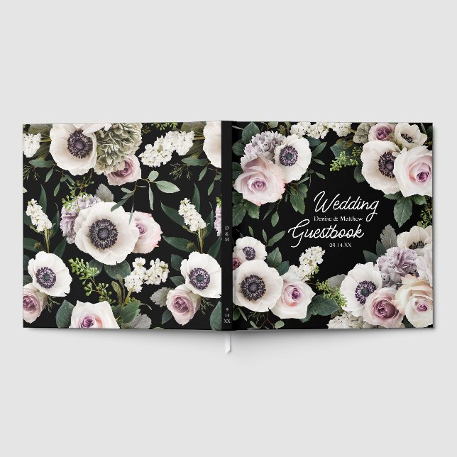 Libro De Visitas Anémona blanca sobre negro verdadero (Lleno)