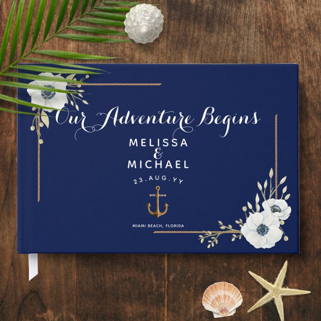Libro De Visitas Anemones blancos ⚓️ Boda Náutico Azul de la Marina (White Anemones ⚓️ Navy Blue Nautical Wedding Guest Book
)