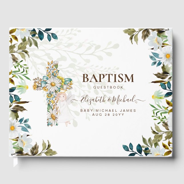 Libro De Visitas Ángel Floral Cross Greenery Baptism Christening (Anverso)
