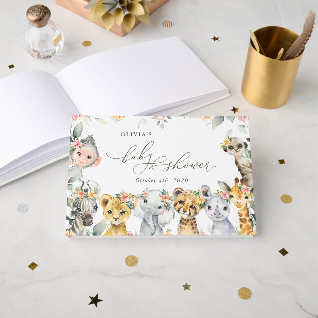 Libro De Visitas Animales de la jungla, Safari, Flores, Baby Shower (Anverso Abierto)