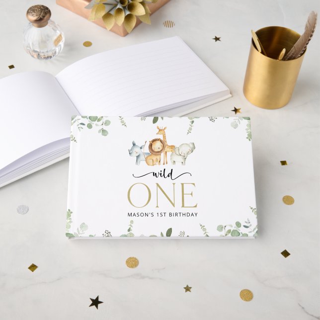 Libro De Visitas Animales safari, jungla, salvaje, primer cumpleaño (Anverso Abierto)