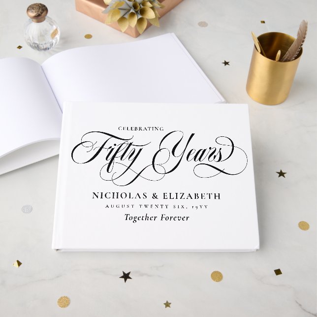 Libro De Visitas Aniversario de bodas de oro con letra script negra (Anverso Abierto)