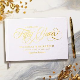 Libro De Visitas Aniversario de Bodas de Oro de Papel de Oro Blanco