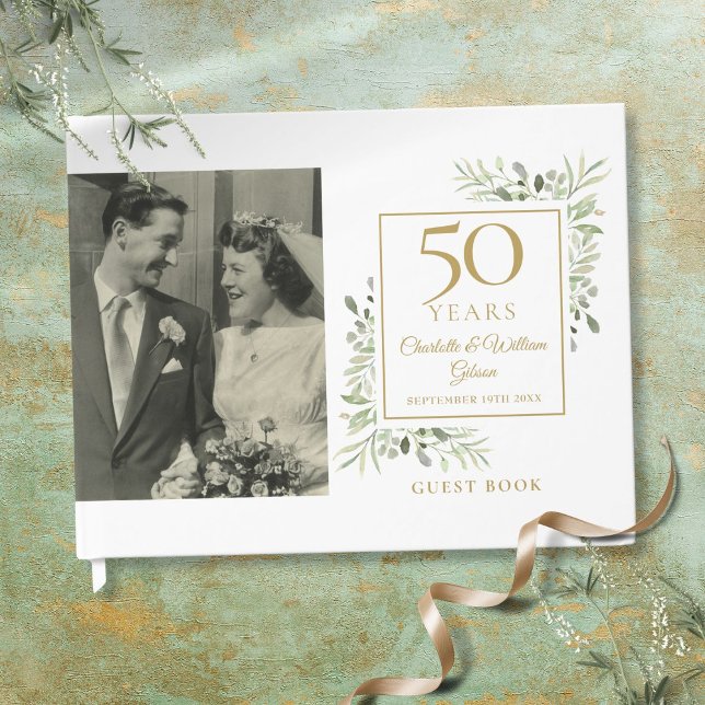 Libro De Visitas Aniversario de bodas de oro Foto de vegetación (50th Golden Wedding Anniversary Greenery Photo Guest Book)