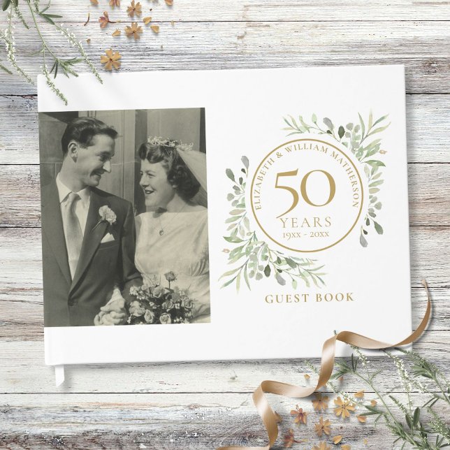 Libro De Visitas Aniversario de Bodas de Oro Foto Verde (50th Wedding Anniversary Gold Greenery Photo Guest Book)