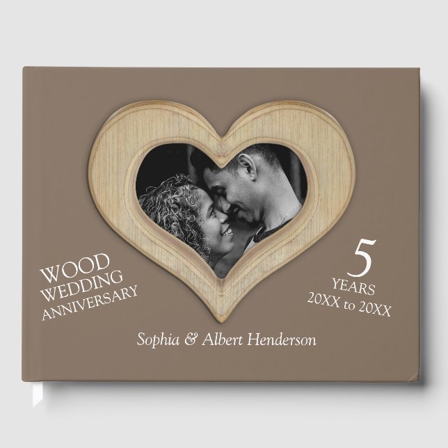 Libro De Visitas aniversario de madera foto corazón marrón 5to (Anverso)