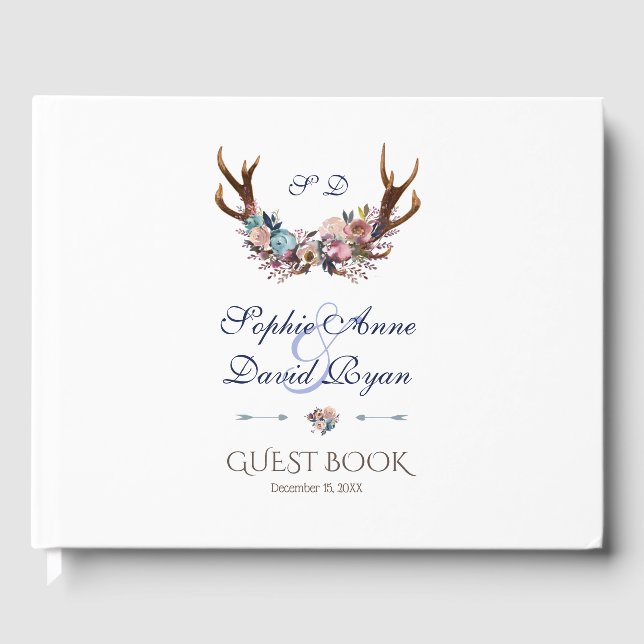 Libro De Visitas Antlers Dusty Blue Pink Floral Boda (Anverso)