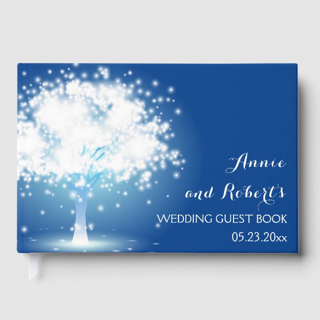 Libro De Visitas Árbol con luces brillantes boda azul (Anverso)