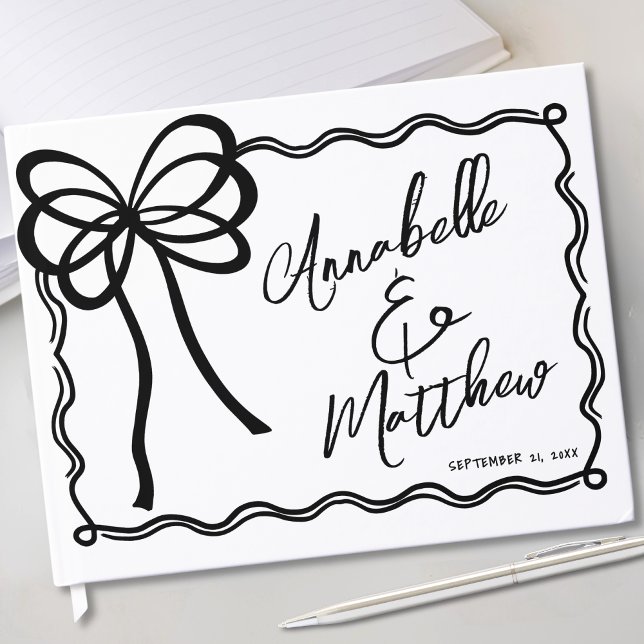 Libro De Visitas Arco Nupcial Blanco Negro Dibujado a Mano (Hand Drawn Black White Bow Wedding Guest Book)
