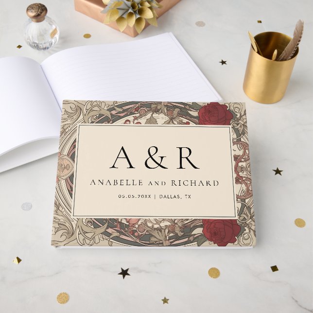 Libro De Visitas Art Nouveau vintage Crema floral Borgoña Boda (Anverso Abierto)