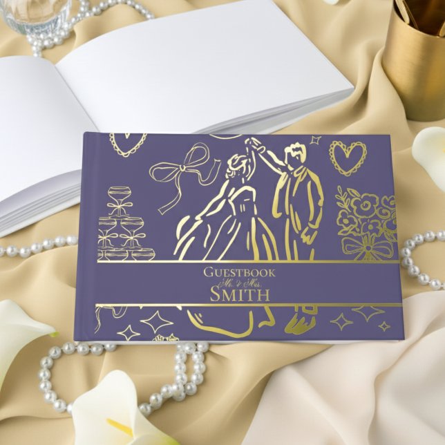Libro De Visitas Arte de dibujo Boda con mano de lavanda clásica (Remember your special day with this keepsake Gold Foil Guest Book!)