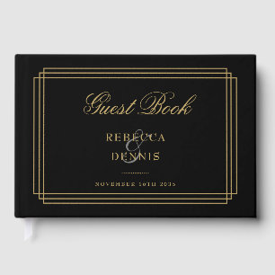 Libro De Visitas Arte Deco Clásico Negro y Dorado para Boda