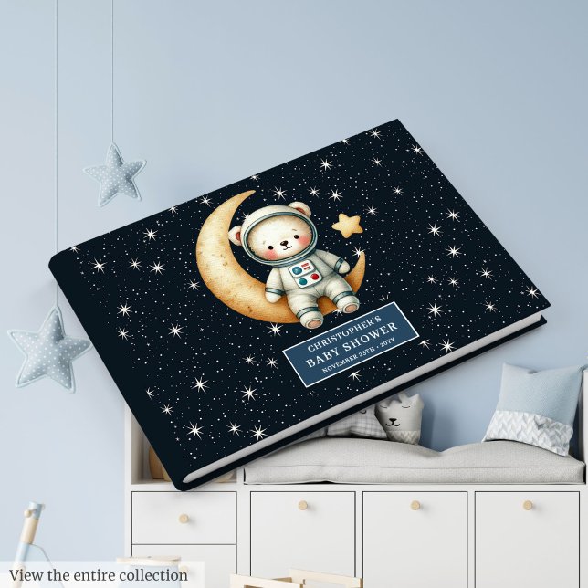 Libro De Visitas Astronauta de oso azul niño bebé Rótulo invitado (Blue Teddy Bear Astronaut Baby Boy Guest Sign)